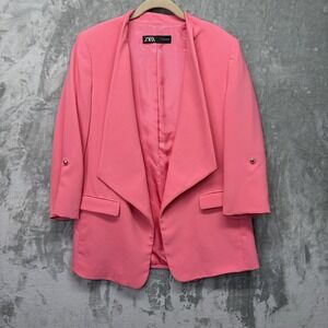 Zara Women's Blazer Jacket Sz L Lapel Open Front Roll Tab Sleeve Preppy‎ 90's